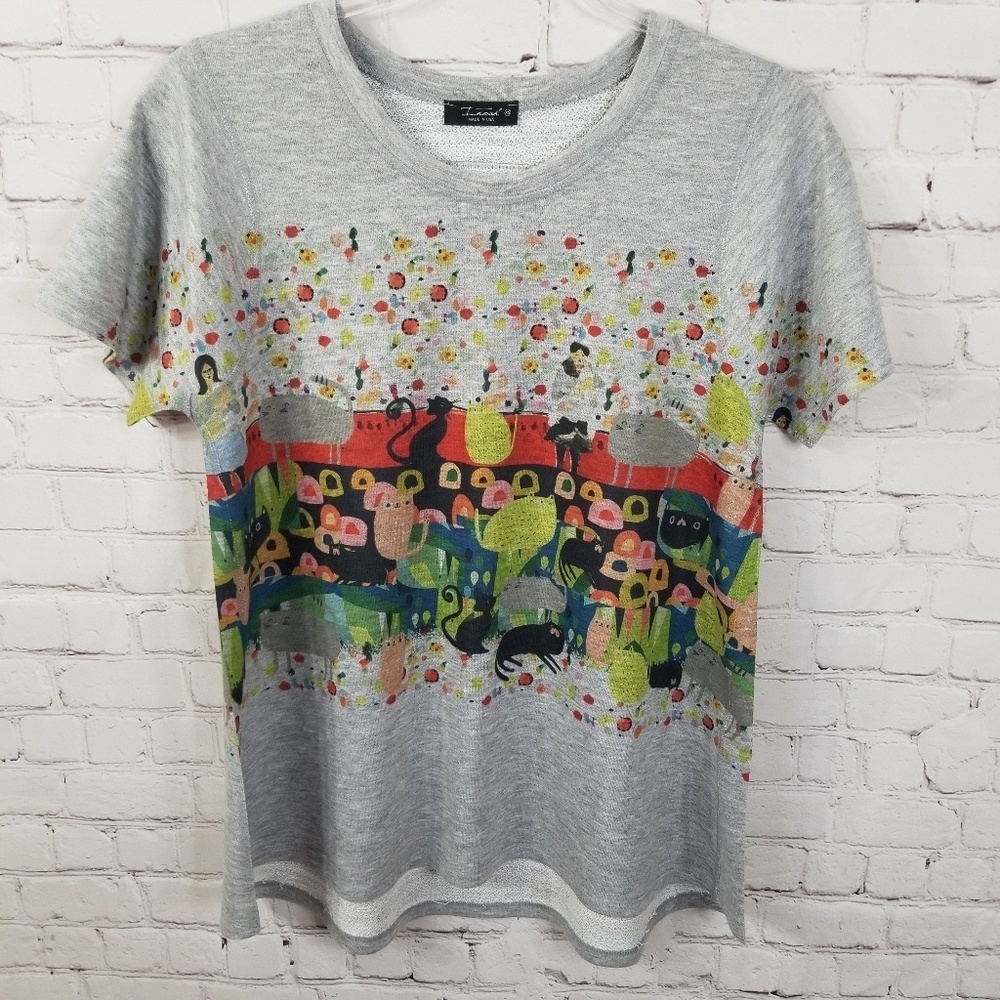 Gray Crazy Cat Lady high low short sleeve shirt XS